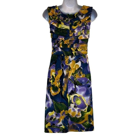 Adrianna Papell 4 Yellow Purple Floral Print Pleated Cocktail Dress Wedding - Picture 2 of 2